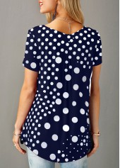 Dot tops,ROTITA Patchwork Polka Dot Split Neck Short Sleeve Blouse
