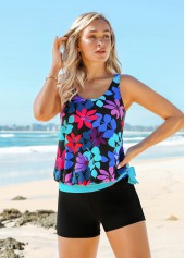 Blue swimwear,Floral swimwear,ROTITA Tie Side Floral Print Wide Strap Tankini Set 