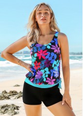 Blue swimwear,Floral swimwear,ROTITA Tie Side Floral Print Wide Strap Tankini Set 