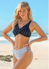 Striped swimwear,ROTITA Striped Tie Side Twist Front Bikini Set 