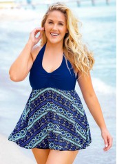 Blue plus size,Geometric plus size,ROTITA Geometric Print Plus Size Halter Swimdress and Shorts