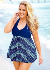 Blue plus size,Geometric plus size,ROTITA Geometric Print Plus Size Halter Swimdress and Shorts
