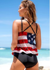 Multi Color swimwear,Flag swimwear,ROTITA Cross Strap American Flag Print Tankini Set