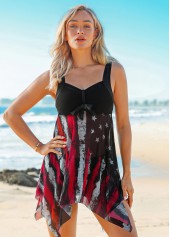 Flag swimwear,ROTITA Wide Strap American Flag Print Asymmetric Hem Swimdress and Shorts