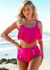 Red swimwear,Plain Color swimwear,ROTITA Asymmetric Hem Double Straps High Waist Bikini Set 