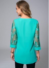 Green tops,Plain Color tops,ROTITA Embroidered 3/4 Sleeve Split Neck Blouse