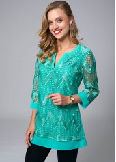 Green tops,Plain Color tops,ROTITA Embroidered 3/4 Sleeve Split Neck Blouse