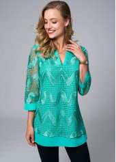 Green tops,Plain Color tops,ROTITA Embroidered 3/4 Sleeve Split Neck Blouse