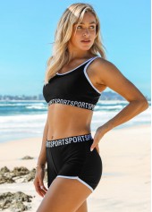 Black swimwear,Letter swimwear,ROTITA Mid Waist Letter Print Wide Strap Bikini Set 