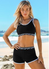 Black swimwear,Letter swimwear,ROTITA Mid Waist Letter Print Wide Strap Bikini Set 