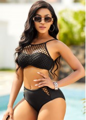Black swimwear,Plain Color swimwear,ROTITA Pierced Mid Waist Tie Back Bikini Set