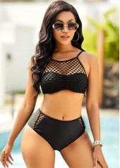Black swimwear,Plain Color swimwear,ROTITA Pierced Mid Waist Tie Back Bikini Set