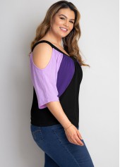 Multi Color plus size,Contrast Color plus size,ROTITA Contrast Plus Size Cold Shoulder T Shirt
