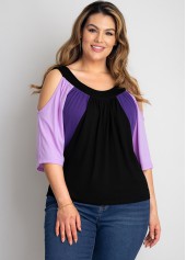 Multi Color plus size,Contrast Color plus size,ROTITA Contrast Plus Size Cold Shoulder T Shirt