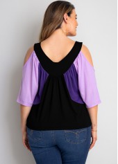 Multi Color plus size,Contrast Color plus size,ROTITA Contrast Plus Size Cold Shoulder T Shirt