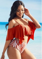 Red swimwear,Contrast Color swimwear,Zebra Print Strappy Cold Shoulder Bikini Set