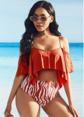 Red swimwear,Contrast Color swimwear,Zebra Print Strappy Cold Shoulder Bikini Set