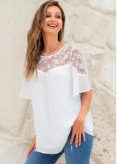 White tops,Plain Color tops,ROTITA Lace Stitching Short Sleeve Round Neck Blouse