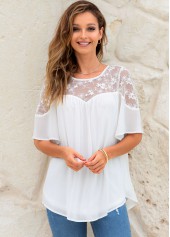 White tops,Plain Color tops,ROTITA Lace Stitching Short Sleeve Round Neck Blouse