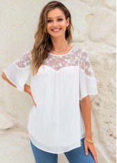 ROTITA Lace Stitching Short Sleeve Round Neck Blouse