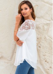 White tops,Plain Color tops,ROTITA Lace Stitching Short Sleeve Round Neck Blouse