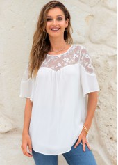 White tops,Plain Color tops,ROTITA Lace Stitching Short Sleeve Round Neck Blouse