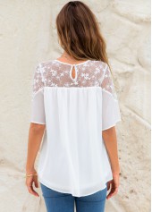 White tops,Plain Color tops,ROTITA Lace Stitching Short Sleeve Round Neck Blouse