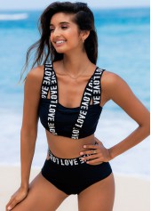 Bikini-Set mit hohem Bund und Buchstaben-Print