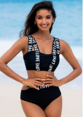 Black swimwear,Letter swimwear,High Waisted Letter Print Bikini Set