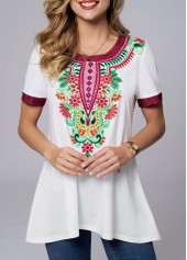 White tops,Tribal tops,ROTITA Round Neck Short Sleeve Tribal Print T Shirt