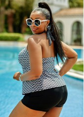 Black plus size,Geometric plus size,ROTITA Plus Size Lace Up High Waisted Geometric Tankini Set 
