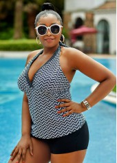 Black plus size,Geometric plus size,ROTITA Plus Size Lace Up High Waisted Geometric Tankini Set 