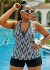 ROTITA Plus Size Lace Up High Waisted Geometric Tankini Set 
