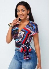 Multi Color tops,Paisley tops,ROTITA Tie Side Paisley Print V Neck Blouse 