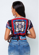 Multi Color tops,Paisley tops,ROTITA Tie Side Paisley Print V Neck Blouse 