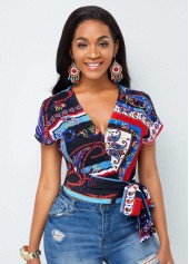 Multi Color tops,Paisley tops,ROTITA Tie Side Paisley Print V Neck Blouse 