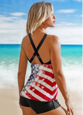 Multi Color swimwear,Flag swimwear,ROTITA Cross Strap American Flag Print Tankini Set 