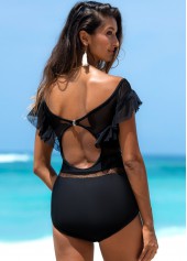Black swimwear,Plain Color swimwear,Ruffle Trim Solid One Piece Swimwear