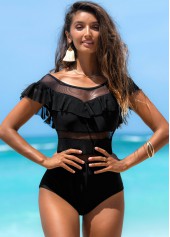 Black swimwear,Plain Color swimwear,Ruffle Trim Solid One Piece Swimwear