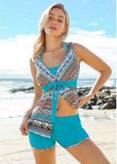 Blue swimwear,Tribal swimwear,ROTITA Spaghetti Strap Tribal Print Tie Front Tankini Set