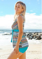 Blue swimwear,Tribal swimwear,ROTITA Spaghetti Strap Tribal Print Tie Front Tankini Set