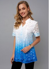 Multi Color tops,Tie Dye tops,ROTITA Split Neck Tie Dye Print Lace Blouse