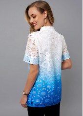 Multi Color tops,Tie Dye tops,ROTITA Split Neck Tie Dye Print Lace Blouse