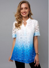 ROTITA Split Neck Tie Dye Print Lace Blouse