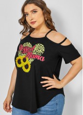 Black plus size,Plants plus size,ROTITA Strappy Cold Shoulder Plus Size Sunflower Print T Shirt