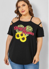 Black plus size,Plants plus size,ROTITA Strappy Cold Shoulder Plus Size Sunflower Print T Shirt