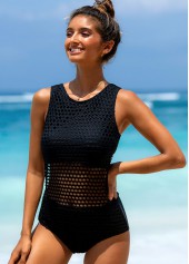 Black swimwear,Plain Color swimwear,ROTITA Cutout Back Fishnet Panel One Piece Swimwear