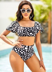 Black swimwear,Geometric swimwear,ROTITA Lantern Sleeve Geometric Print Bikini Set