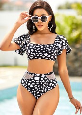 ROTITA Lantern Sleeve Geometric Print Bikini Set