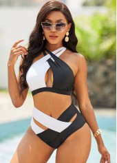 White swimwear,Contrast Color swimwear,ROTITA Cross Strap Contrast High Waist Bikini Set